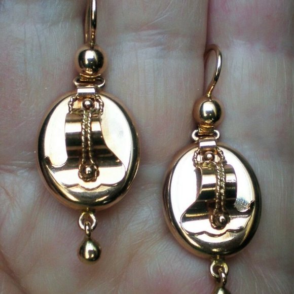 Antique Vintage Russian USSR 14K 583 Rose Pink Gold 3D Dangle Drop EARRINGS # 2 - Picture 4 of 10